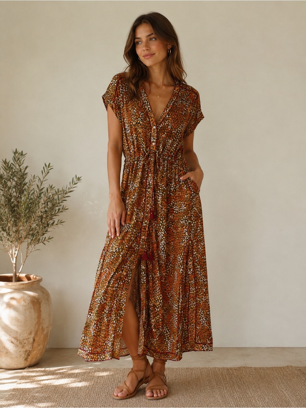 NWT - Poupette St Barth Long Tunic Mya Khaki Geo Animalier Silk Chiffon Size S/M